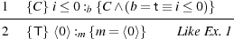 1 {C} i≤ 0:b {C∧ (b = t≡ i≤ 0)}
---------------------------------
2 {T} ⟨0⟩ :m {m= ⟨0⟩} Like Ex.1