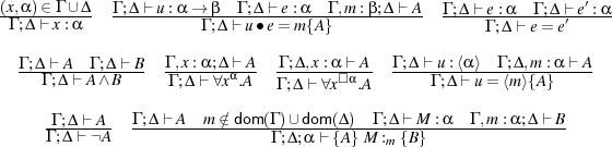 ′
(x,α)∈-Γ ∪-Δ Γ ;Δ-⊢u-:α-→-β-Γ-;Δ-⊢e-:α--Γ ,m:β;Δ-⊢A Γ ;Δ⊢-e:α-Γ ;Δ-⊢′e-:α
Γ ;Δ ⊢x :α Γ ;Δ ⊢u ∙e= m{A} Γ ;Δ⊢ e= e
Γ ;Δ ⊢A Γ ;Δ ⊢ B Γ ,x:α;Δ ⊢A Γ ;Δ,x:α ⊢A Γ ;Δ ⊢u :⟨α ⟩ Γ ;Δ,m :α⊢ A
---Γ ;Δ⊢-A∧-B-- -Γ ;Δ-⊢-∀xα.A Γ ;Δ⊢-∀x□α.A ----Γ-;Δ-⊢-u=-⟨m⟩{A}----
-Γ ;Δ-⊢A Γ-;Δ-⊢A--m-∈∕dom(Γ )∪-dom(Δ)-Γ ;Δ⊢-M-:α-Γ ,m-:α;Δ⊢-B
Γ ;Δ ⊢ ¬A Γ ;Δ;α ⊢{A} M :m {B}